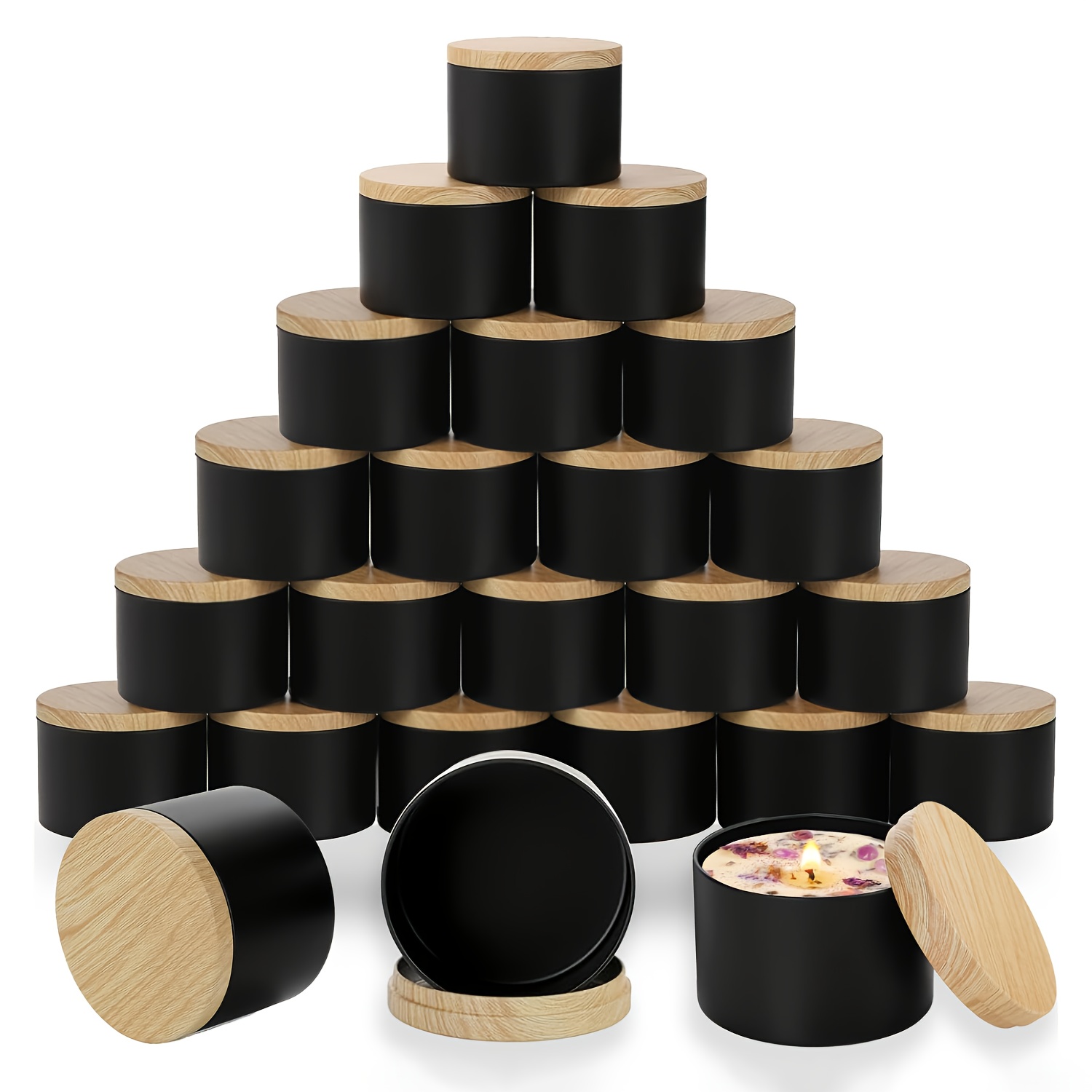 Candle Making Kit For Kids - Black candle jars with wood lids.